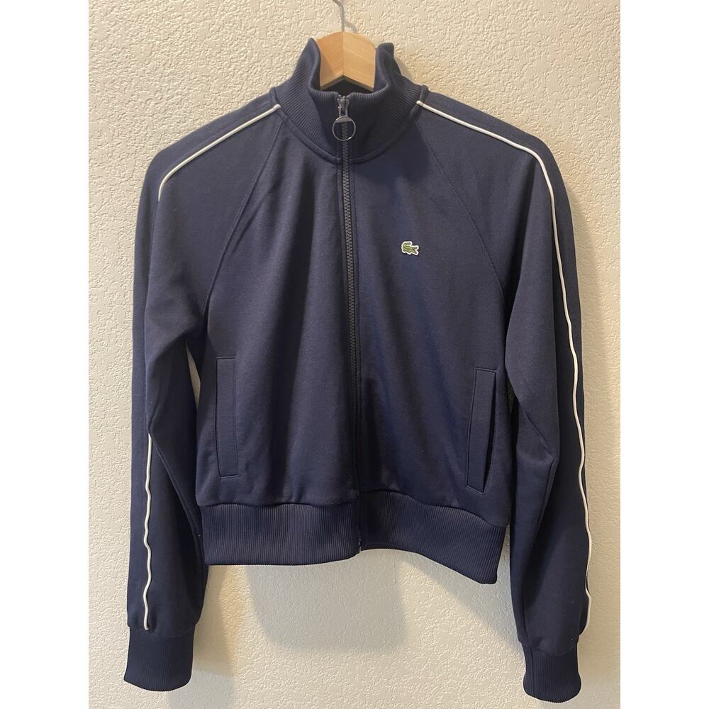 Lacoste Navy Blue Track Jacket Women's 32 US XS Full Zip Paris White Stripe